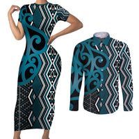 Maori Taniko Patterns Couples Matching Short Sleeve Bodycon Dress and Long Sleeve Button Shirt Azure Patiki Motifs Mix Whakairo Ngaru LT7 Azure - Polynesian Pride