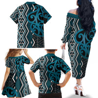 Maori Taniko Patterns Family Matching Off The Shoulder Long Sleeve Dress and Hawaiian Shirt Azure Patiki Motifs Mix Whakairo Ngaru LT7 - Polynesian Pride