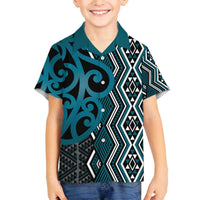 Maori Taniko Patterns Family Matching Off The Shoulder Long Sleeve Dress and Hawaiian Shirt Azure Patiki Motifs Mix Whakairo Ngaru LT7 Son's Shirt Azure - Polynesian Pride