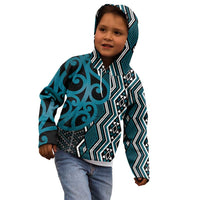 Maori Taniko Patterns Kid Hoodie Azure Patiki Motifs Mix Whakairo Ngaru
