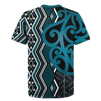Maori Taniko Patterns Rugby Jersey Azure Patiki Motifs Mix Whakairo Ngaru