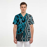 Maori Taniko Patterns Scrub Top Azure Patiki Motifs Mix Whakairo Ngaru - Polynesian Pride