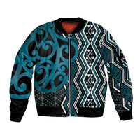 Maori Taniko Patterns Sleeve Zip Bomber Jacket Azure Patiki Motifs Mix Whakairo Ngaru LT7 Unisex Azure - Polynesian Pride