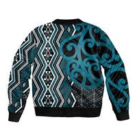 Maori Taniko Patterns Sleeve Zip Bomber Jacket Azure Patiki Motifs Mix Whakairo Ngaru LT7 - Polynesian Pride