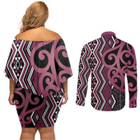 Maori Taniko Patterns Couples Matching Off Shoulder Short Dress and Long Sleeve Button Shirt Pink Patiki Motifs Mix Whakairo Ngaru