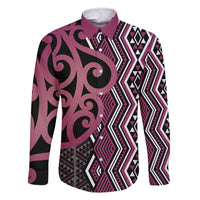 Maori Taniko Patterns Family Matching Long Sleeve Bodycon Dress and Hawaiian Shirt Pink Patiki Motifs Mix Whakairo Ngaru LT7 Dad's Shirt - Long Sleeve Pink - Polynesian Pride