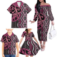 Maori Taniko Patterns Family Matching Off The Shoulder Long Sleeve Dress and Hawaiian Shirt Pink Patiki Motifs Mix Whakairo Ngaru LT7 - Polynesian Pride