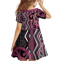 Maori Taniko Patterns Family Matching Off Shoulder Short Dress and Hawaiian Shirt Pink Patiki Motifs Mix Whakairo Ngaru