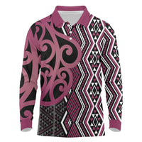 Maori Taniko Patterns Long Sleeve Polo Shirt Pink Patiki Motifs Mix Whakairo Ngaru