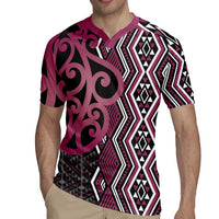 Maori Taniko Patterns Rugby Jersey Pink Patiki Motifs Mix Whakairo Ngaru