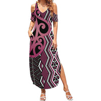 Maori Taniko Patterns Summer Maxi Dress Pink Patiki Motifs Mix Whakairo Ngaru
