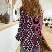 Maori Taniko Patterns Women Casual Shirt Pink Patiki Motifs Mix Whakairo Ngaru
