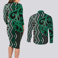 Maori Taniko Patterns Couples Matching Long Sleeve Bodycon Dress and Long Sleeve Button Shirt Pounamu Patiki Motifs Mix Whakairo Ngaru LT7 - Polynesian Pride