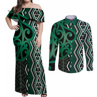 Maori Taniko Patterns Couples Matching Off Shoulder Maxi Dress and Long Sleeve Button Shirt Pounamu Patiki Motifs Mix Whakairo Ngaru LT7 Green - Polynesian Pride
