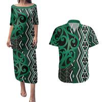 Maori Taniko Patterns Couples Matching Puletasi and Hawaiian Shirt Pounamu Patiki Motifs Mix Whakairo Ngaru LT7 Green - Polynesian Pride