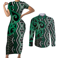 Maori Taniko Patterns Couples Matching Short Sleeve Bodycon Dress and Long Sleeve Button Shirt Pounamu Patiki Motifs Mix Whakairo Ngaru LT7 Green - Polynesian Pride