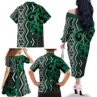 Maori Taniko Patterns Family Matching Off The Shoulder Long Sleeve Dress and Hawaiian Shirt Pounamu Patiki Motifs Mix Whakairo Ngaru LT7 - Polynesian Pride