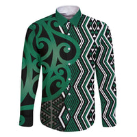 Maori Taniko Patterns Family Matching Short Sleeve Bodycon Dress and Hawaiian Shirt Pounamu Patiki Motifs Mix Whakairo Ngaru LT7 Dad's Shirt - Long Sleeve Green - Polynesian Pride