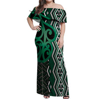 Maori Taniko Patterns Off Shoulder Maxi Dress Pounamu Patiki Motifs Mix Whakairo Ngaru