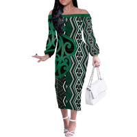 Maori Taniko Patterns Off The Shoulder Long Sleeve Dress Pounamu Patiki Motifs Mix Whakairo Ngaru