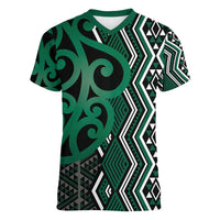 Maori Taniko Patterns Women V-Neck T-Shirt Pounamu Patiki Motifs Mix Whakairo Ngaru LT7 Female Green - Polynesian Pride