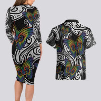 Aotearoa Takatapui Pride Couples Matching Long Sleeve Bodycon Dress and Hawaiian Shirt Rainbow Butterfly - Free To Love LT7 - Polynesian Pride