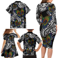 Aotearoa Takatapui Pride Family Matching Long Sleeve Bodycon Dress and Hawaiian Shirt Rainbow Butterfly - Free To Love LT7 - Polynesian Pride