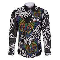 Aotearoa Takatapui Pride Family Matching Long Sleeve Bodycon Dress and Hawaiian Shirt Rainbow Butterfly - Free To Love LT7 Dad's Shirt - Long Sleeve Black - Polynesian Pride