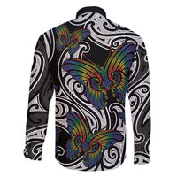Aotearoa Takatapui Pride Family Matching Off The Shoulder Long Sleeve Dress and Hawaiian Shirt Rainbow Butterfly - Free To Love LT7 - Polynesian Pride