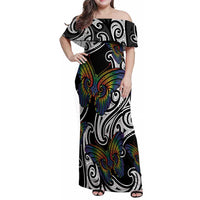 Aotearoa Takatapui Pride Family Matching Off Shoulder Maxi Dress and Hawaiian Shirt Rainbow Butterfly - Free To Love