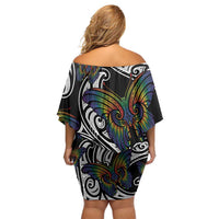 Aotearoa Takatapui Pride Family Matching Off Shoulder Short Dress and Hawaiian Shirt Rainbow Butterfly - Free To Love LT7 - Polynesian Pride