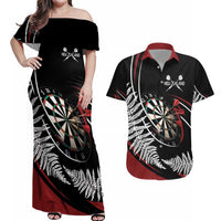 New Zealand Darts Personalised Couples Matching Off Shoulder Maxi Dress and Hawaiian Shirt Silver Fern Dynamic