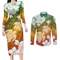 Kanaka Maoli Hawaii Flag Day Couples Matching Long Sleeve Bodycon Dress and Long Sleeve Button Shirt Vibrant Frangipani