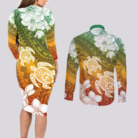 Kanaka Maoli Hawaii Flag Day Couples Matching Long Sleeve Bodycon Dress and Long Sleeve Button Shirt Vibrant Frangipani