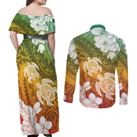 Kanaka Maoli Hawaii Flag Day Couples Matching Off Shoulder Maxi Dress and Long Sleeve Button Shirt Vibrant Frangipani