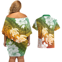 Kanaka Maoli Hawaii Flag Day Couples Matching Off Shoulder Short Dress and Hawaiian Shirt Vibrant Frangipani LT7 - Polynesian Pride