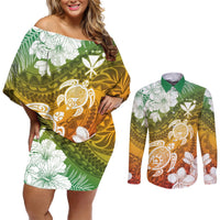 Kanaka Maoli Hawaii Flag Day Couples Matching Off Shoulder Short Dress and Long Sleeve Button Shirt Vibrant Frangipani LT7 Colorful - Polynesian Pride