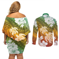 Kanaka Maoli Hawaii Flag Day Couples Matching Off Shoulder Short Dress and Long Sleeve Button Shirt Vibrant Frangipani LT7 - Polynesian Pride