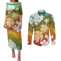 Kanaka Maoli Hawaii Flag Day Couples Matching Puletasi and Long Sleeve Button Shirt Vibrant Frangipani