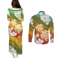 Kanaka Maoli Hawaii Flag Day Couples Matching Puletasi and Long Sleeve Button Shirt Vibrant Frangipani LT7 - Polynesian Pride