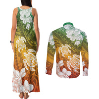 Kanaka Maoli Hawaii Flag Day Couples Matching Tank Maxi Dress and Long Sleeve Button Shirt Vibrant Frangipani