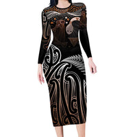 Aotearoa Maori - Australia Indigenous Long Sleeve Bodycon Dress Koiri Whakairo Mix Aboriginal Art - Polynesian Pride