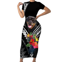 Personalised Polynesian Dog Short Sleeve Bodycon Dress Rottweiler With Polynesia Pattern Curve Style LT7 Long Dress Black - Polynesian Pride