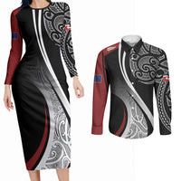 Aotearoa Maori Rugby Custom Couples Matching Long Sleeve Bodycon Dress and Long Sleeve Button Shirt Kapa O Pango LT7 Black - Polynesian Pride
