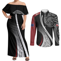 Aotearoa Maori Rugby Custom Couples Matching Off Shoulder Maxi Dress and Long Sleeve Button Shirt Kapa O Pango LT7 Black - Polynesian Pride