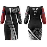 Aotearoa Maori Rugby Custom Couples Matching Off The Shoulder Long Sleeve Dress and Hawaiian Shirt Kapa O Pango LT7 - Polynesian Pride