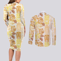 Christmas Aloha Hawaii Tiki Couples Matching Long Sleeve Bodycon Dress and Long Sleeve Button Shirt Hibiscus Autumn Colors - Polynesian Pride