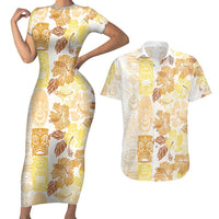 Christmas Aloha Hawaii Tiki Couples Matching Short Sleeve Bodycon Dress and Hawaiian Shirt Hibiscus Autumn Colors - Polynesian Pride