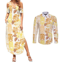 Christmas Aloha Hawaii Tiki Couples Matching Summer Maxi Dress and Long Sleeve Button Shirt Hibiscus Autumn Colors - Polynesian Pride