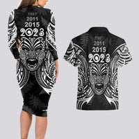 New Zealand Rugby Couples Matching Long Sleeve Bodycon Dress and Hawaiian Shirt 2023 World Cup Aotearoa Haka Face LT7 - Polynesian Pride